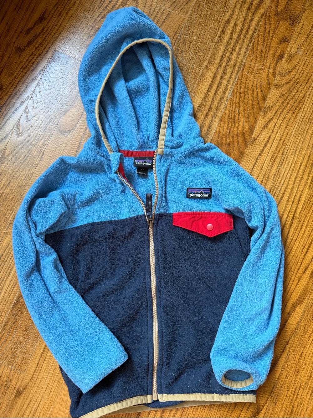 Patagonia Kids Light Blue & Navy Hooded Fleece with Red Pocket
